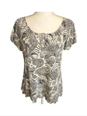 Vintage Susan Lawrence Black White Paisley Scoop Neck Lettuce Hem Top Small